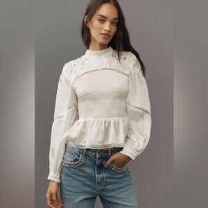 By Anthropologie Long-Sleeve Smocked Satin and Lace Blouse sz M